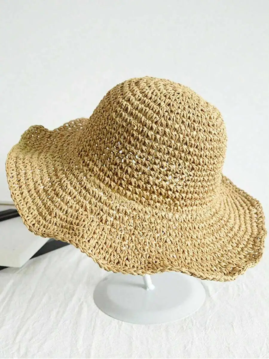 DAZY Versatile And Foldable Khaki Straw Hat For Women, Sun Protection And Beach Vacation, Korean Style Boho