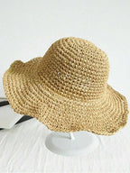 DAZY Versatile And Foldable Khaki Straw Hat For Women, Sun Protection And Beach Vacation, Korean Style Boho