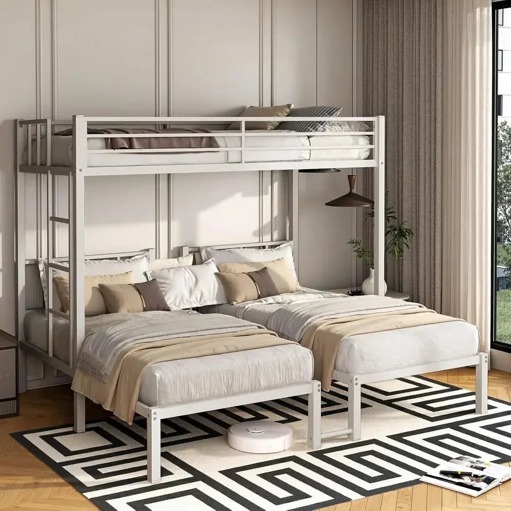 Sturdy Triple Bunk Bed - 3 Twin Beds with Railings & Ladder, Metal Frame, Suitable for Teens & Adults, White