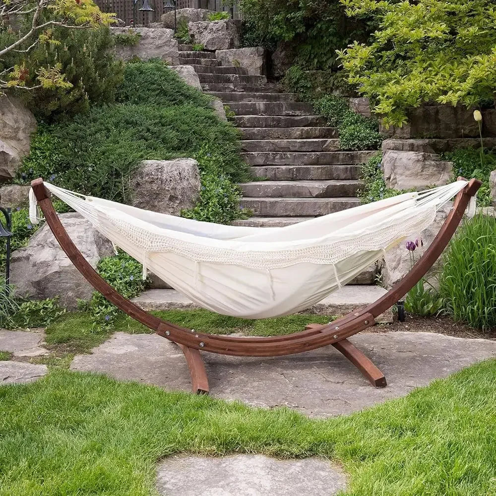 Durable Double Cotton Hammock with Pine Arc Stand - 450 lb Capacity, Complete with Hardware and Guide