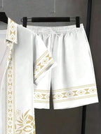 Mens Lapel Shirt And Beach Shorts Set White With Geometric Pattern Casual Summer Outfit