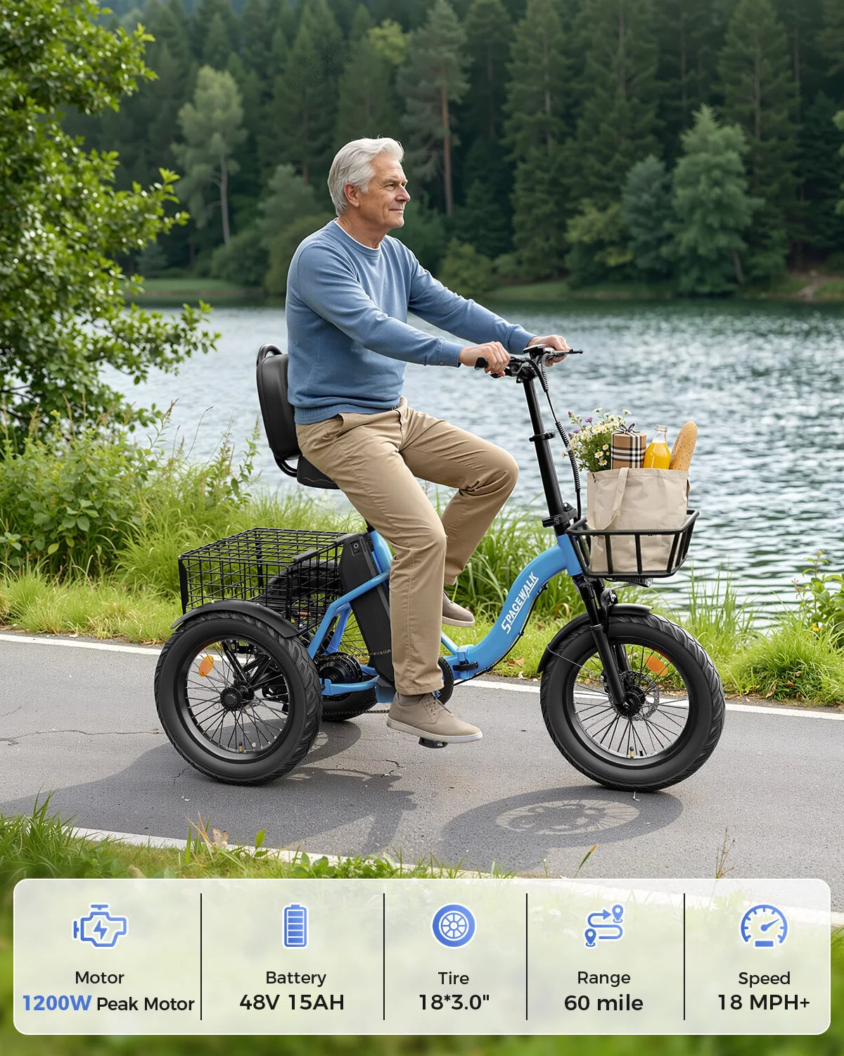 Spacewalk Electric Tricycle for Adults, Folding Trike Bike for Adults | 748.8Wh Removable Battery, Peak 1200W Motor, 18*3.0 Fat Tire, Step-Thru Electric Tricycle, Up to 60 Miles, 18MPH