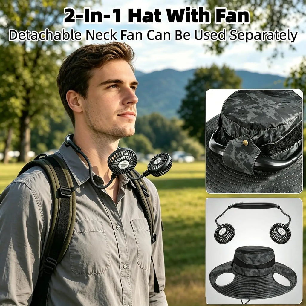 Unisex Rechargeable Hands Free Fan Bucket Hat UPF 50+ Waterproof Breathable Wide Brim Sun Hat Long Lasting Battery For Fishing Beach Gardening Safari
