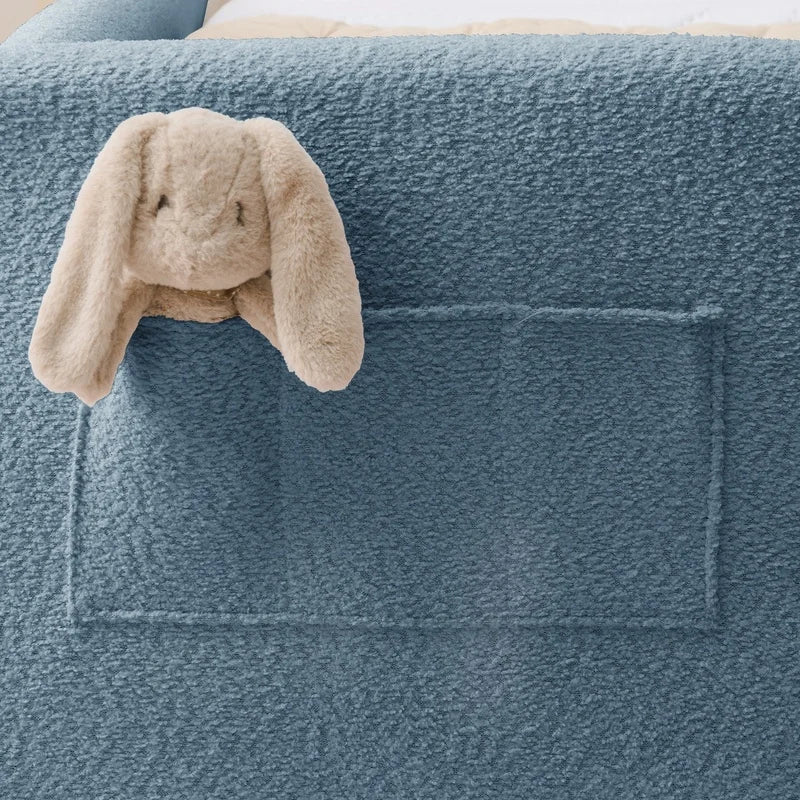 Twin Upholstered Platform Bed with Rabbit-Ear Headboard, Safety Rail, Pocket Storage, Boucle Fabric