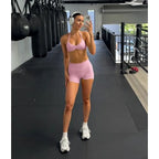 Comper 2 Pcs Workout Sets for Women Halter Strappy Sports Bra with Seamless Ribbed Gym Yoga shorts Outfits