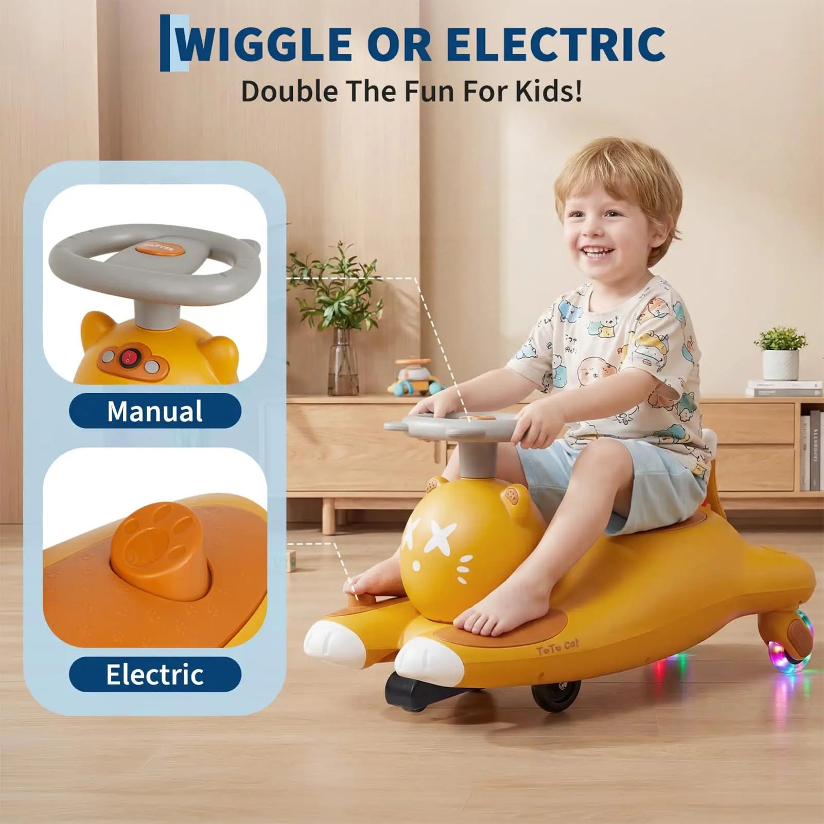 12V Kids Electric Wiggle Ride-On Car With Pedal, Rechargeable Cartoon Cat Twist Toy Vehicle For Toddlers Indoor Outdoor Ride