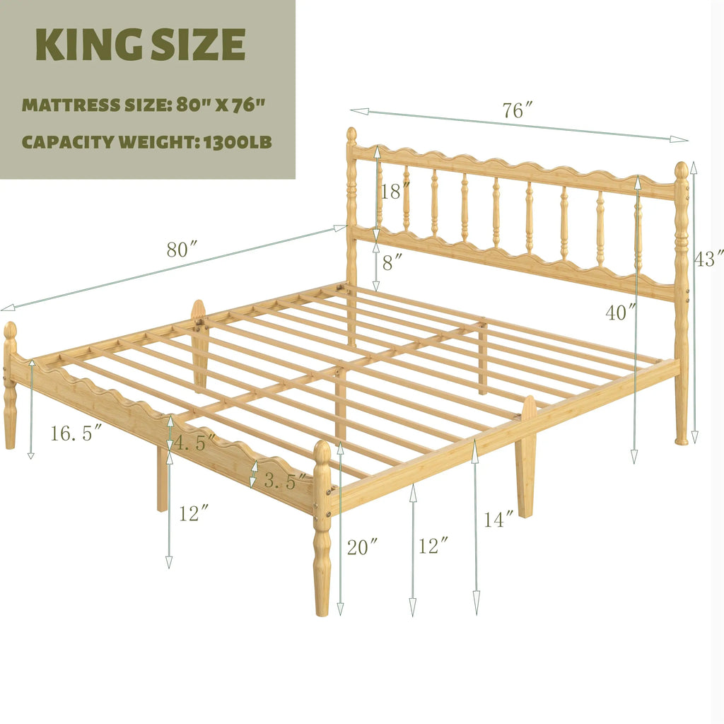 Twin XL Bamboo Platform Bed Frame With Scalloped Headboard 14 Inch Height Metal Slat Support