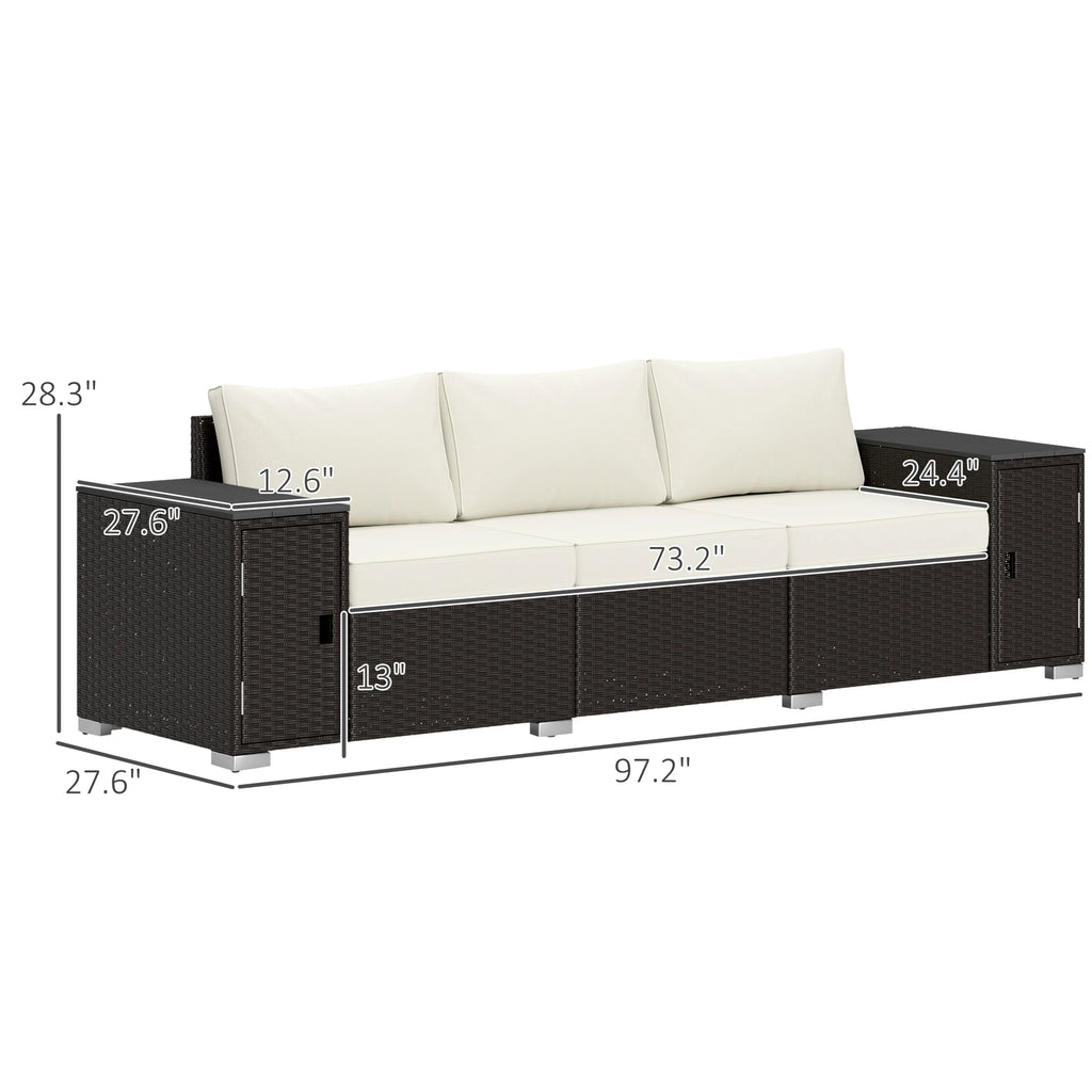 Wicker Outdoor Couch with Storage, Thickened Cushions, 3 Seater Patio Sofa with Wide Armrests and Seat for Porch, Garden, Yard, Cream White
