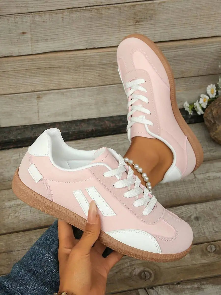 Womens Pink Casual Flat Sneakers With White Stripes Comfortable Lace-Up Shoes For Spring Summer