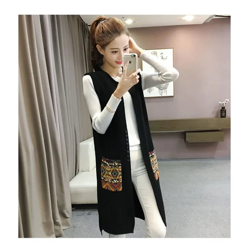 Spring and Autumn New Loose Vest Mid-Length Cardigan Women's Knitwear Sleeveless Vest Jacket
