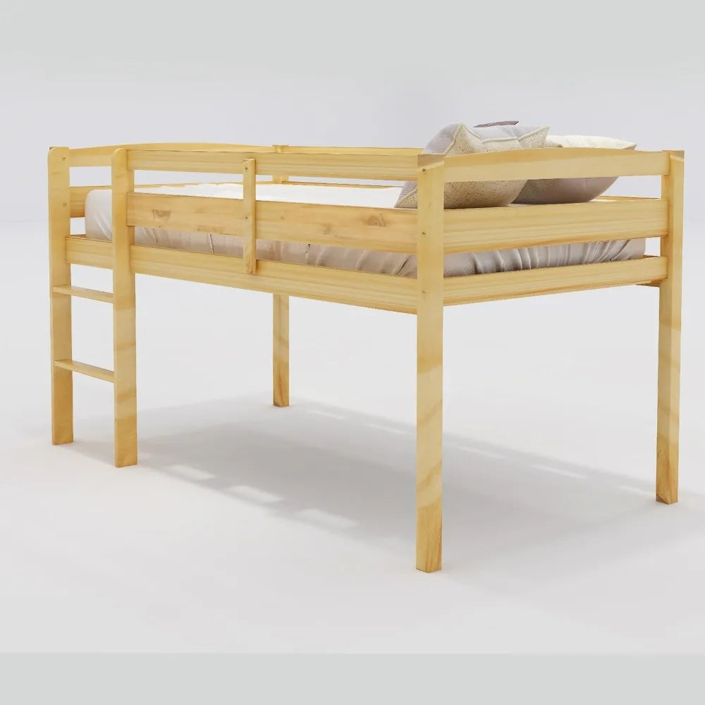 Twin Size Wood Low Loft Bed Frame with Full Length Guardrails