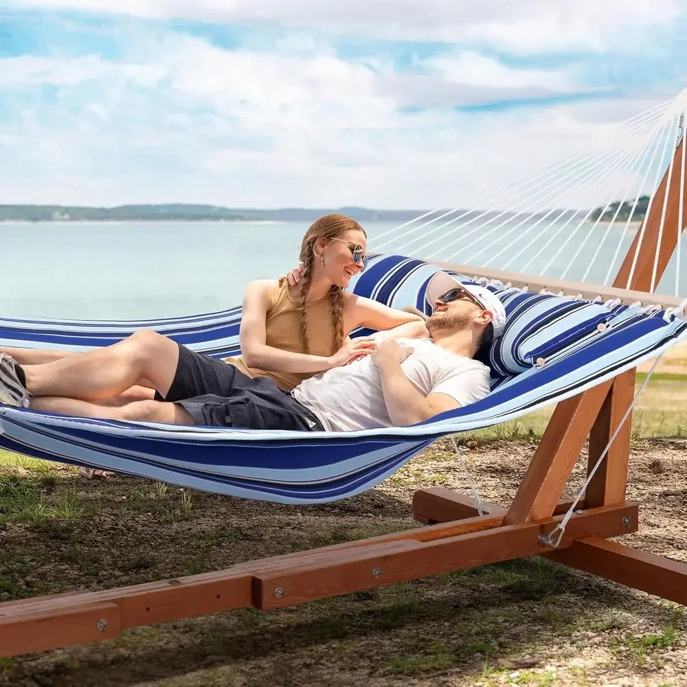 Heavy-Duty Outdoor 2-Person Hammock with Stand, Max 475lbs Capacity, Blue Stripes