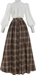 Victorian Dress for Women 2-Pieces Edwardian Dress 1800s Costume Plaid Maxi Skirt