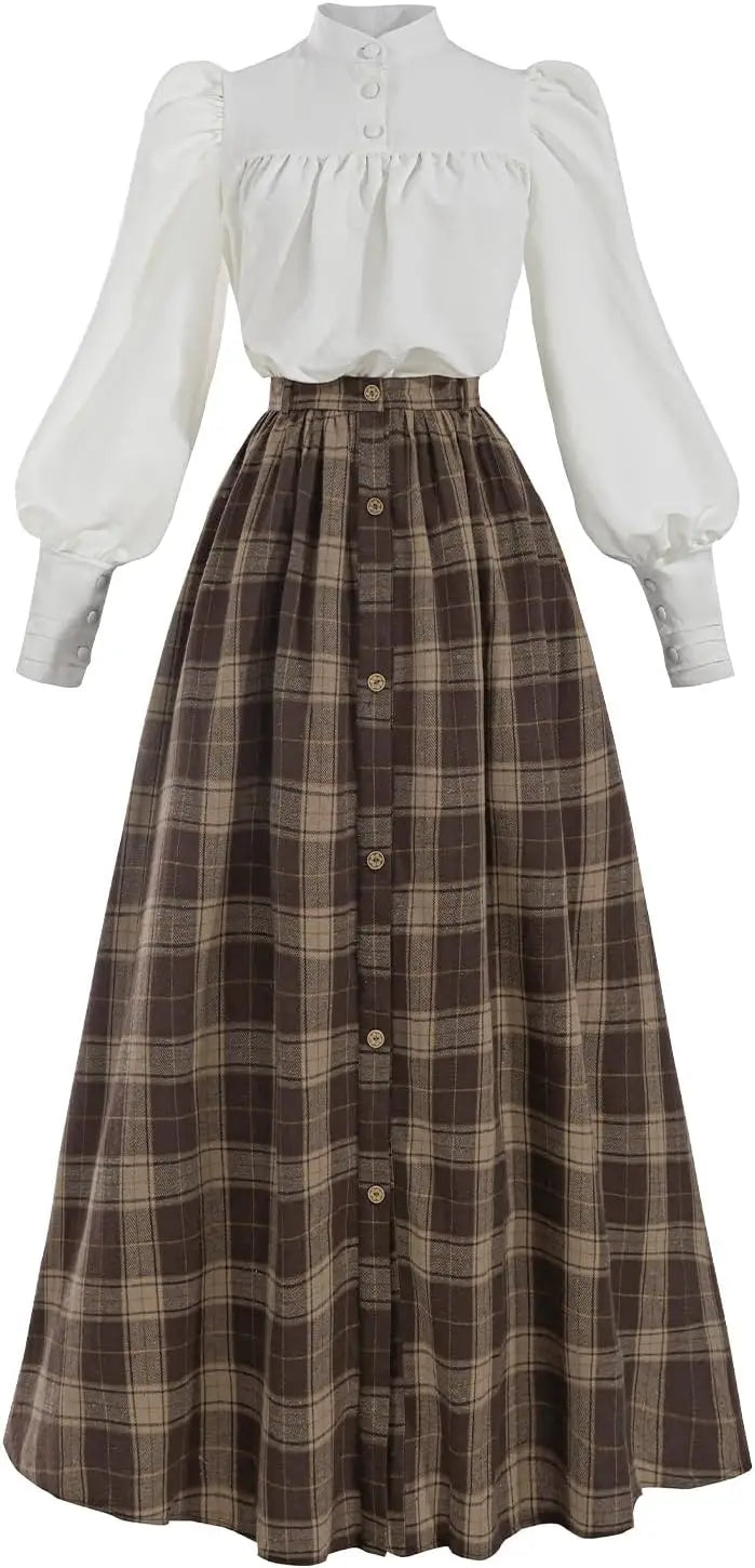 Victorian Dress for Women 2-Pieces Edwardian Dress 1800s Costume Plaid Maxi Skirt
