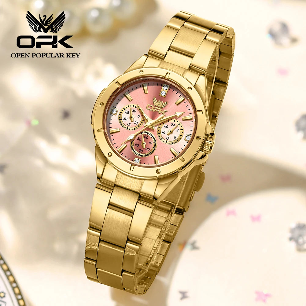 OPK 6001 Original Quartz Movement Elegance Watch For Women Chronograph Stainless Steel Three Simple Small Dials HD Luminous Function Life Waterproof Watch