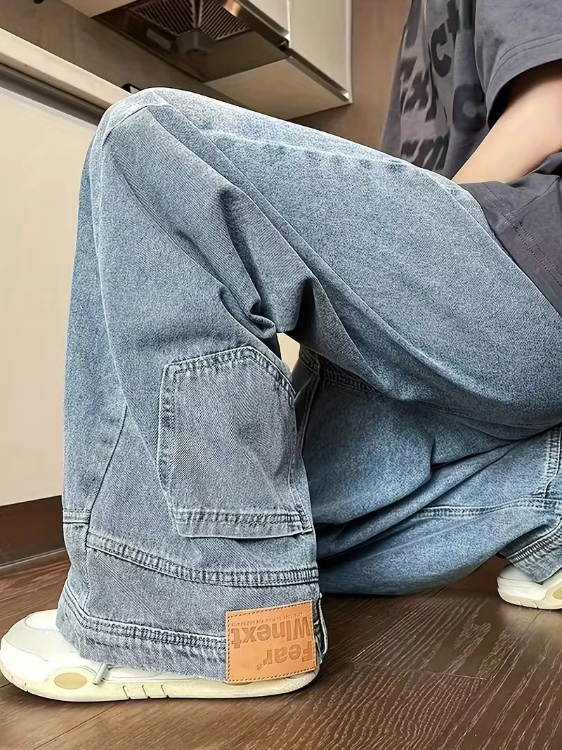 Men's Light Vintage Wash Baggy Wide Leg Jeans Knee Patch Detail Street Style Loose Fit Daily Casual Going Out Hip Hop Denim Trousers