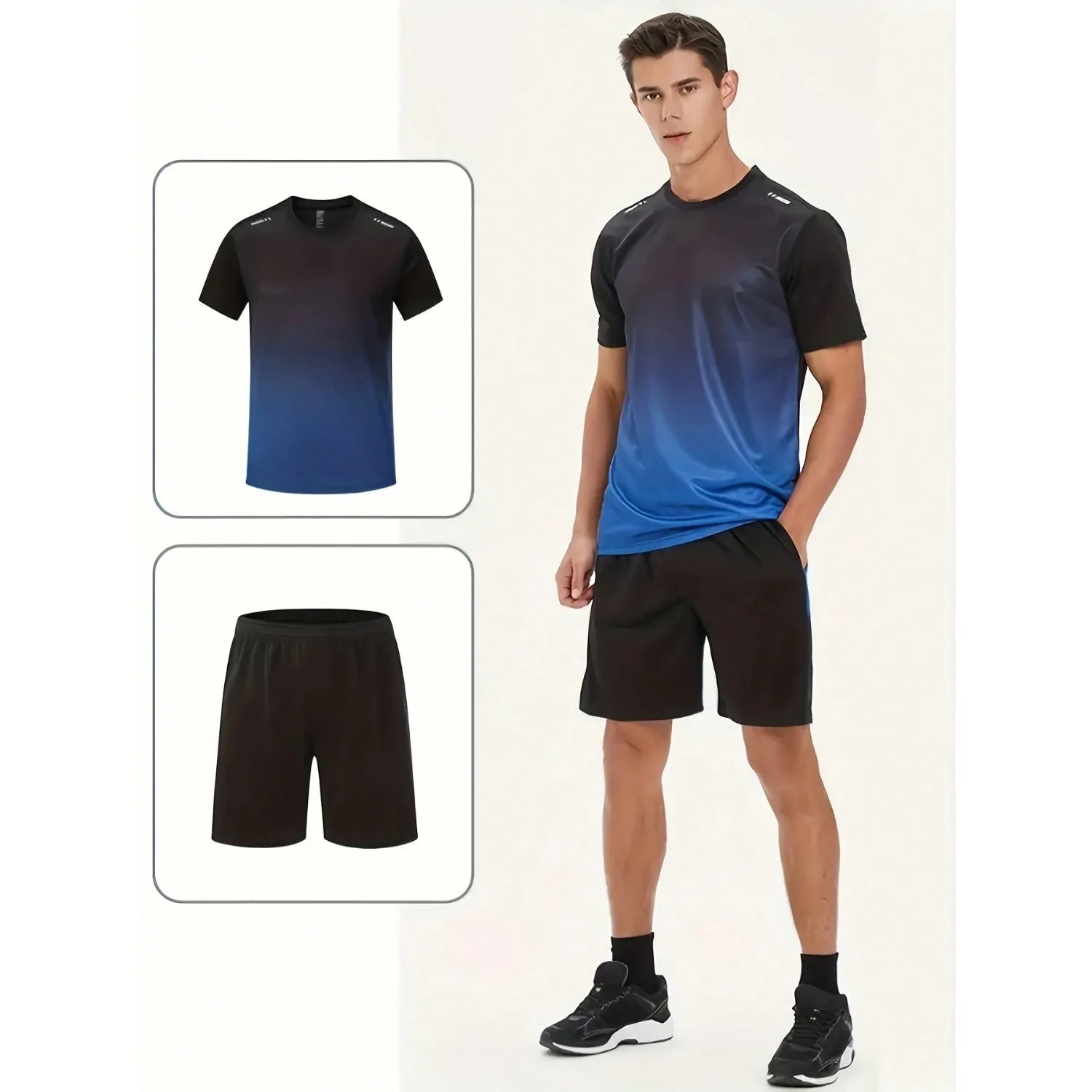 Men's casual sports suit shorts and short sleeves, outdoor hiking and park beach travel outfit, quick drying and lightweight