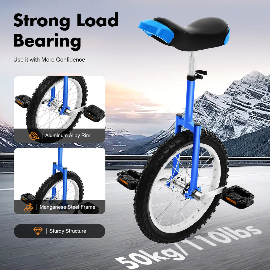 16 Inch Unicycle Outdoor One Wheel Bike Height Adjustable 28-32in 110lbs Capacity Manganese Steel for Balance Training Fitness