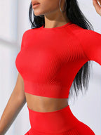 Workout Sets Outfits for Women – Yoga Leggings with Short Sleeve Crop Top, Slim Fit Tummy Control Butt Lifting Waist Shaping, Seamless Ribbed Texture, Breathable Soft Fabric, Non-Pilling, Perfect for Fall Winter Gym Yoga Ru