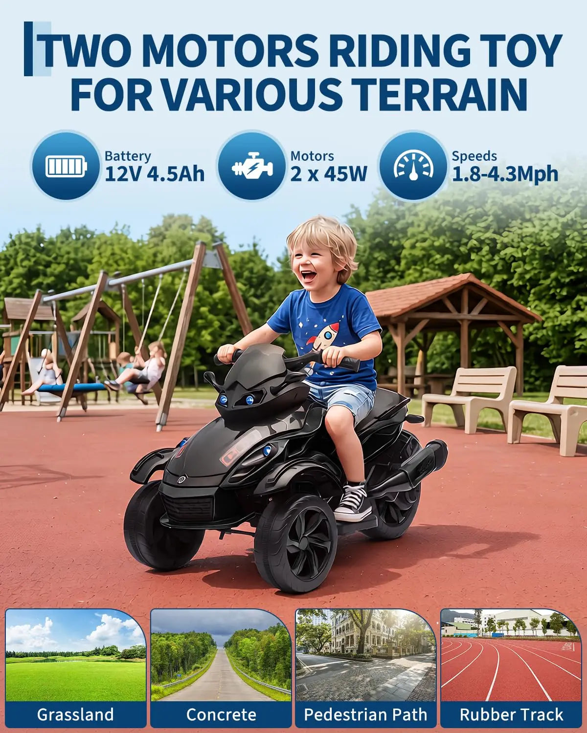 12V Dual Motor Kids Electric Ride-On Car – Up to 4 MPH, Music & Colorful Lights, 66 lbs Capacity, Outdoor 3-Wheels Battery Powered Vehicle Toy Tricycle for Boys & Girls Ages 3-6