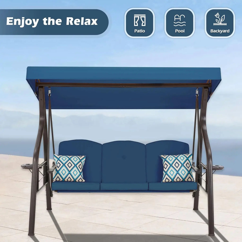 Outdoor Porch and Yard Use, Metal Frame, Blue 3-Seat Swing with Canopy, Extra Pillows and Cup Holder