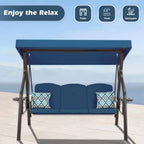 Outdoor Porch and Yard Use, Metal Frame, Blue 3-Seat Swing with Canopy, Extra Pillows and Cup Holder