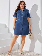 Plus Size Button-Down Casual Short Sleeve Denim Dress