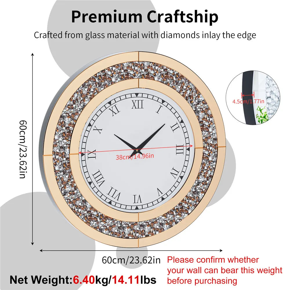 Large Mirror Wall Clock with Crushed Diamond Edge, Sparkling Bling Bling Crystal Round Clock for Living Room, Luxury Glamorous Home Decor, Silent Non-Ticking Quartz, Silver/Tawny Roman Numeral Modern Wall Art
