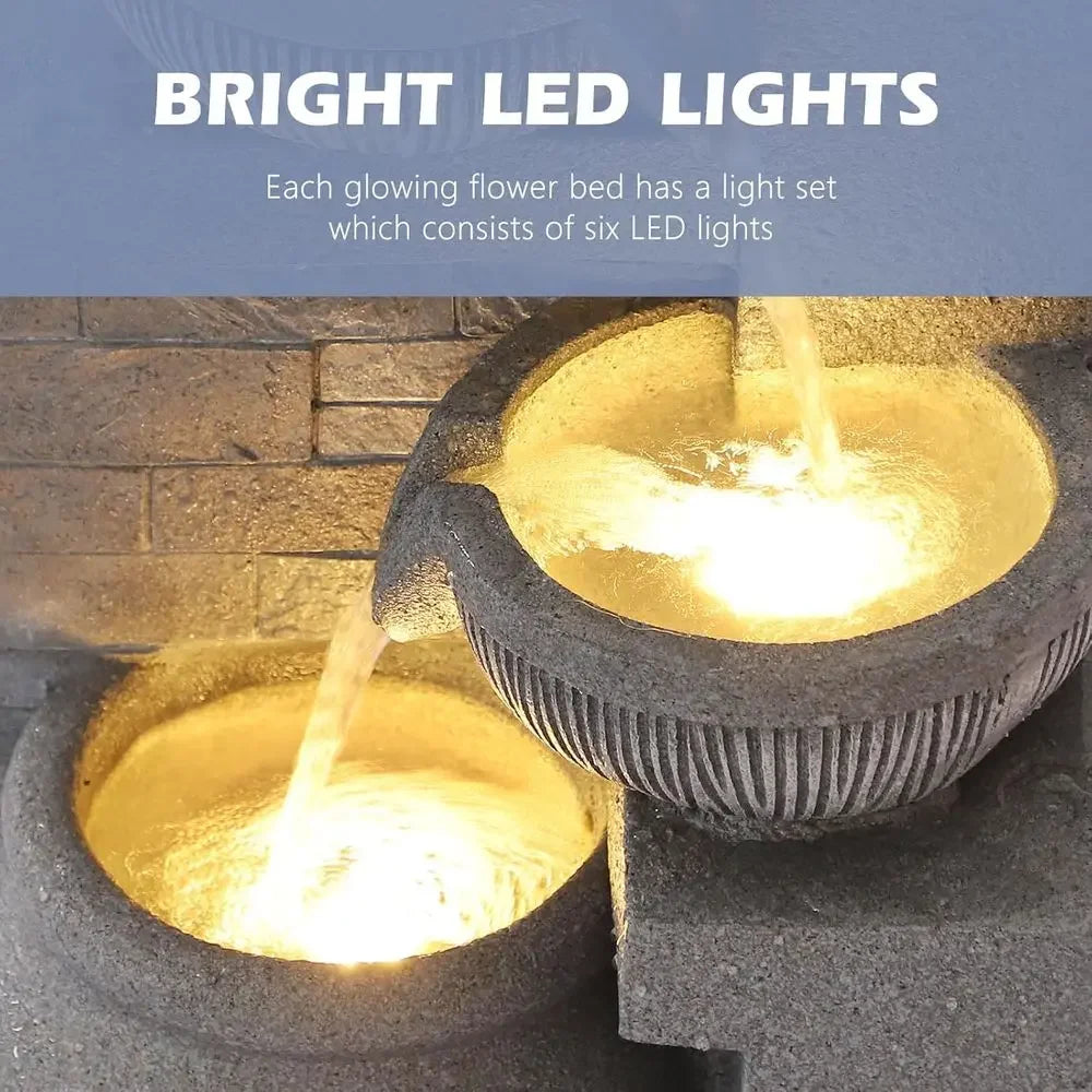 32 Grey Cascading Waterfall Fountain with LED Lights, Suitable for Indoor/Outdoor Use, Garden & Patio Decor