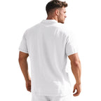 Men White Textured Linen Short Sleeve Polo Shirt Classic Lapel Collar 3 Wooden Buttons Loose Oversized Breathable Summer Beach Vacation Casual Holiday Top