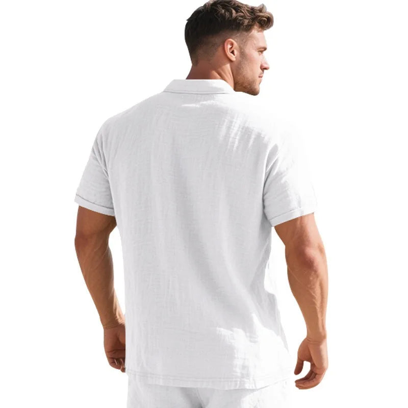 Men White Textured Linen Short Sleeve Polo Shirt Classic Lapel Collar 3 Wooden Buttons Loose Oversized Breathable Summer Beach Vacation Casual Holiday Top