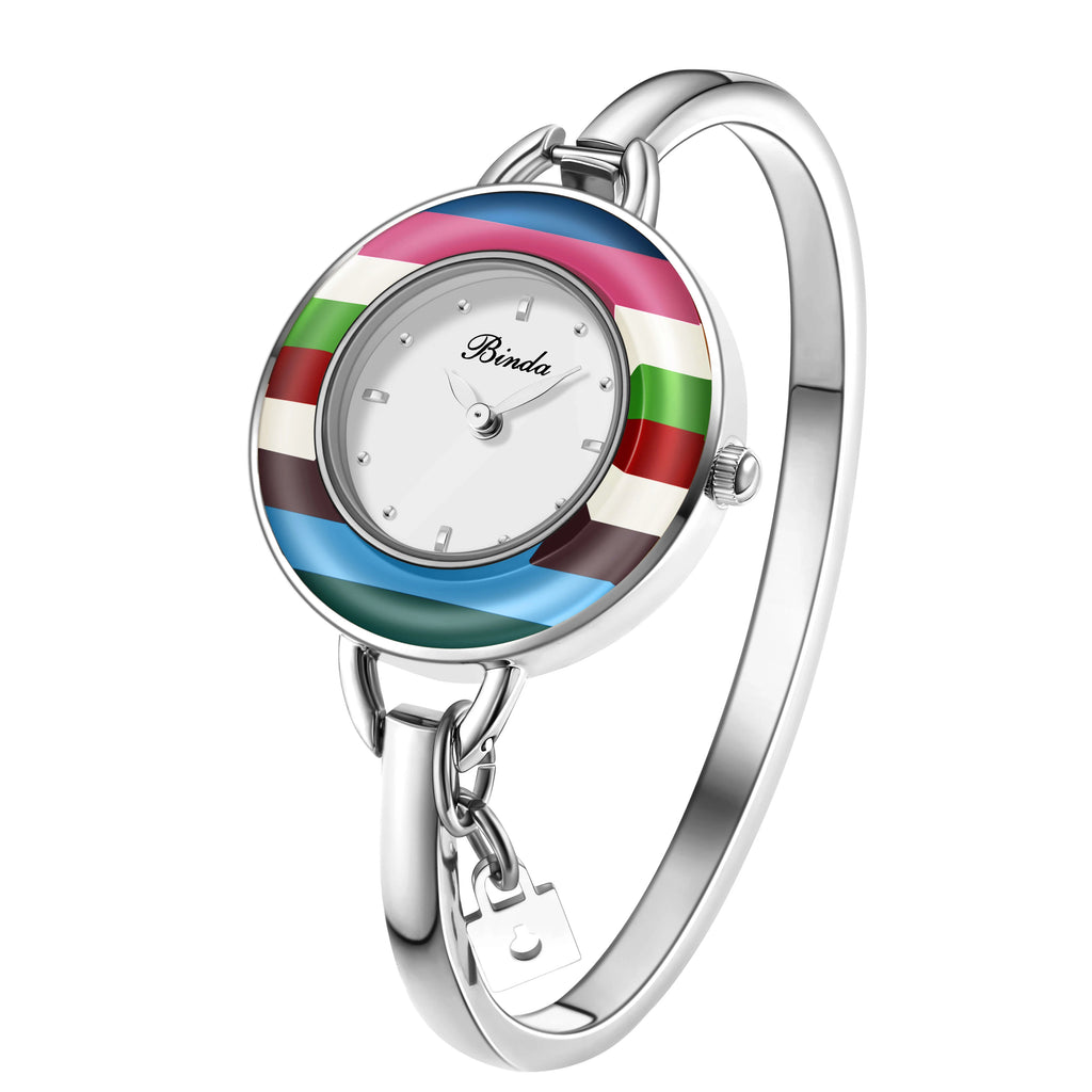 Binda Women’s Elegant Waterproof Quartz Watch – Rainbow Gold Stainless Steel Bracelet, Round Delicate Dial