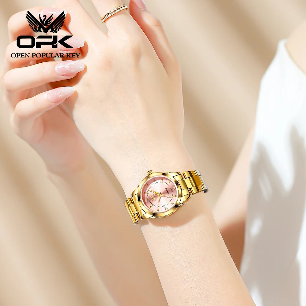 OPK 6002 Quartz Movement Elegance Watch For Women Chronograph Dial Stainless Steel Bracelet HD Luminous Function Life Waterproof Watch