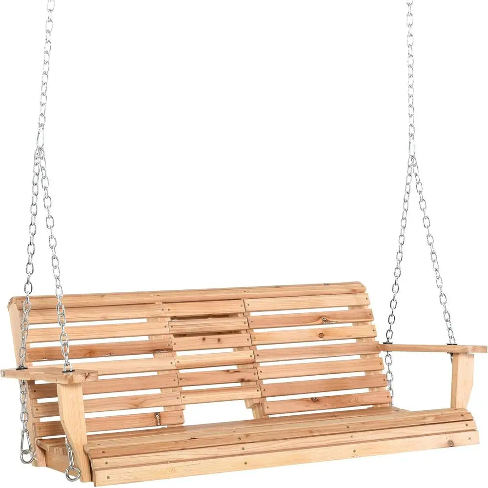 Natural 3-Person Wooden Porch Swing with Coffee Table, Cup Holders, and Chains, Supports 440lbs