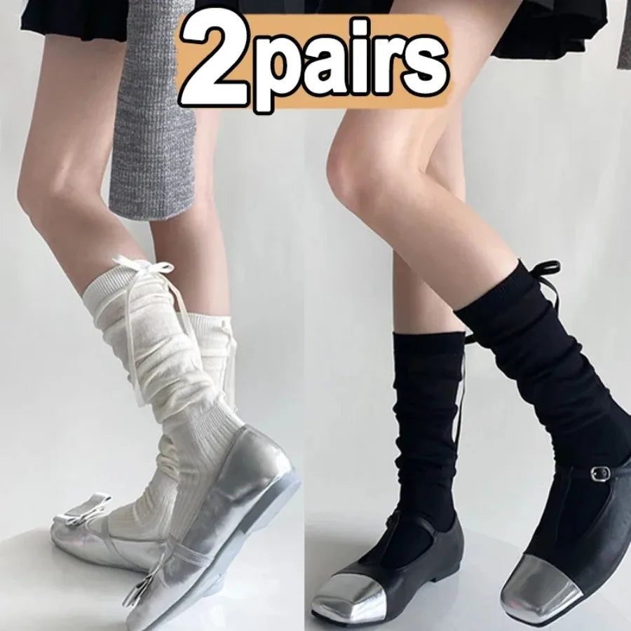 1/2/5 Pairs Lolita Long Socks Women Summer Ultra Thin Breathable Bandage Ribbon Bow Sweet Girls JK Style Black White Stockings