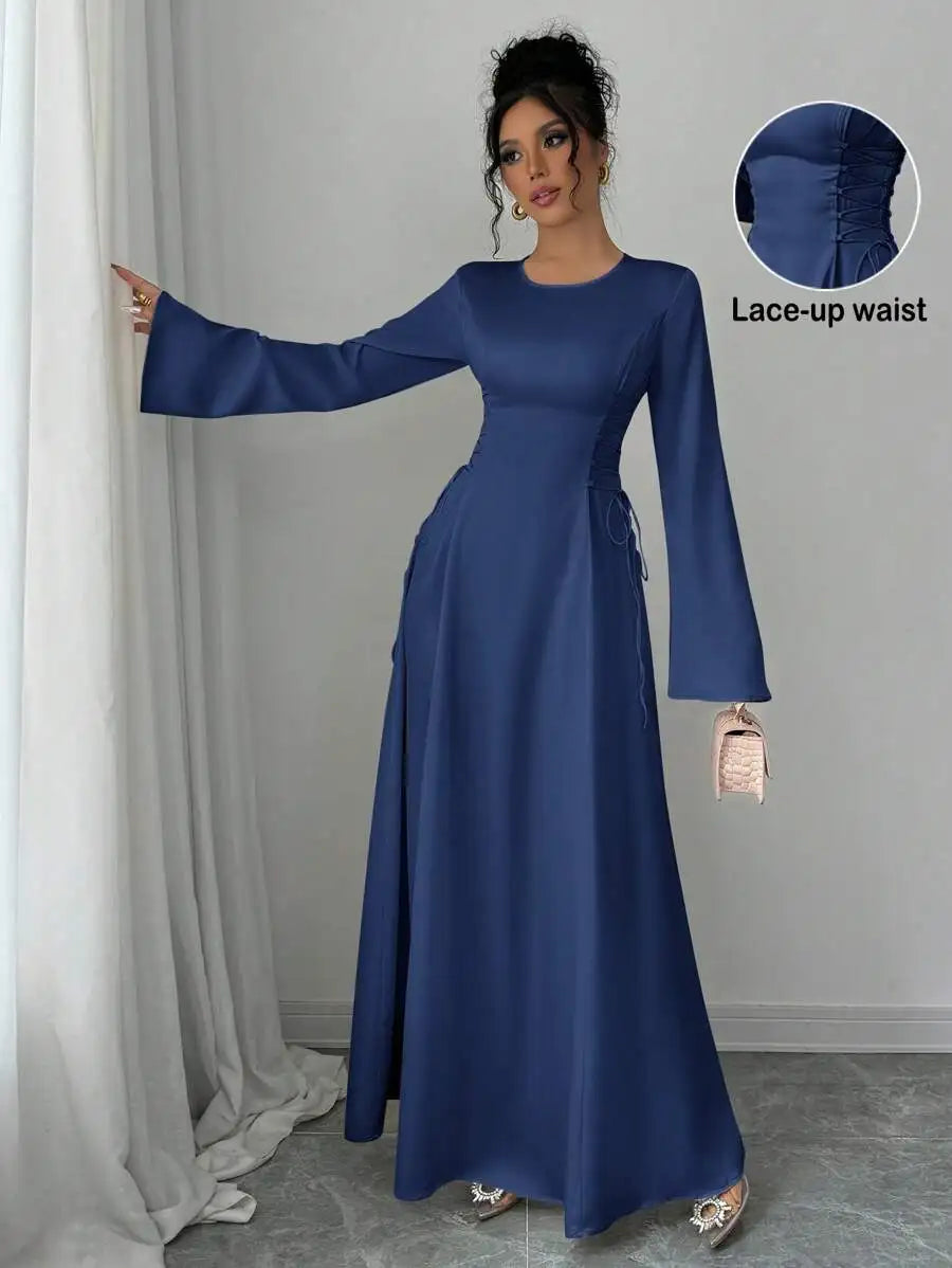Elegant Ivory A-Line Satin Maxi Dress With Cinched Waist And Flare Sleeves