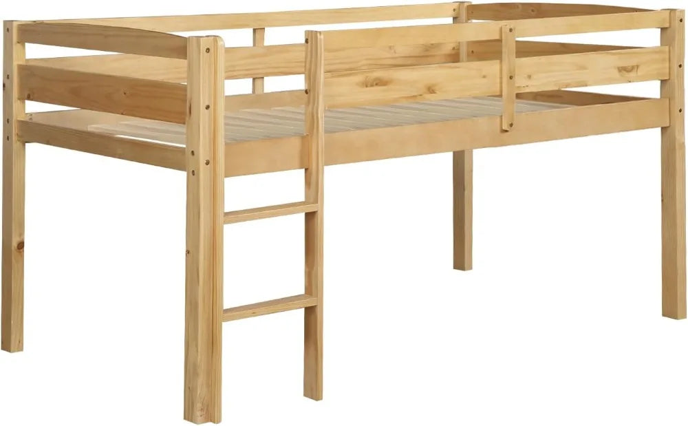 Twin Size Wood Low Loft Bed Frame with Full Length Guardrails