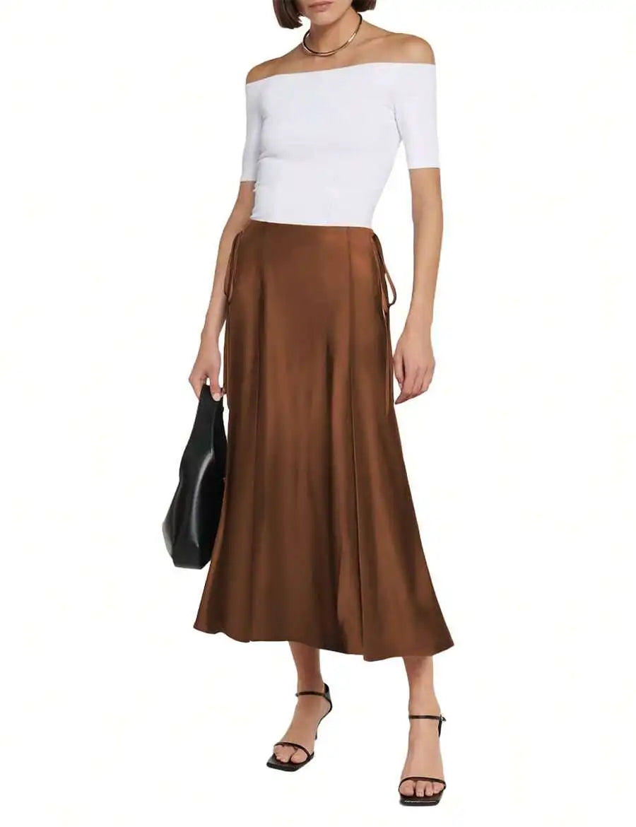 Womens Brown Satin Midi Skirt High Waisted Wrap Tie Flowy A-Line For Casual Office Date