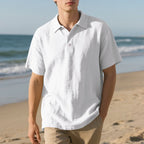 Men White Textured Linen Short Sleeve Polo Shirt Classic Lapel Collar 3 Wooden Buttons Loose Oversized Breathable Summer Beach Vacation Casual Holiday Top
