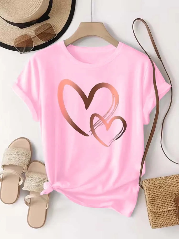Summer New Fashion Women's Heart Printed T-shirt Trendy Casual Round Neck Top Short Sleeves Women T-shirt