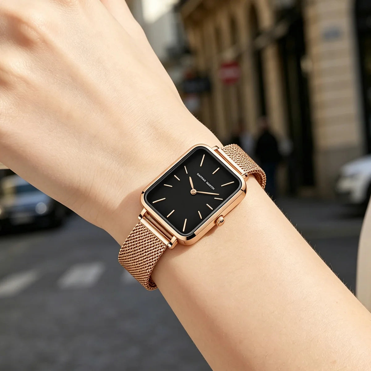 Hannah Martin Women Watch 34mm Simple Design Square Dial Lightweight Japanese Quartz Movement Rose Gold Stainless Steel Mesh Strap Classic Watch US Local Fast Shipping Surprise Gift Watch