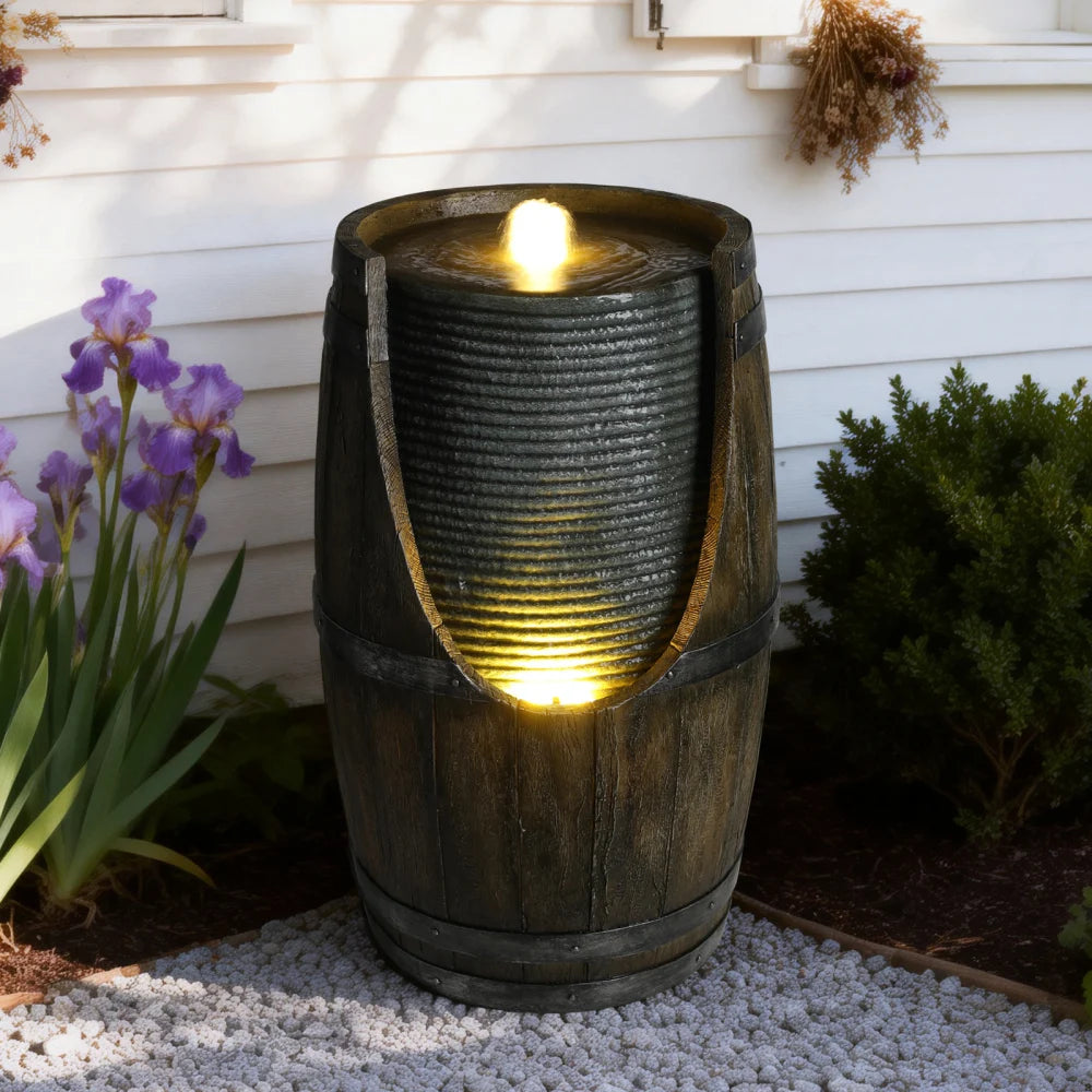 Outdoor Water Fountain with Bird Waterer, Rustic Barrel Garden Fountain with LED Lights and Pump, Faux Wood Resin Water Feature for Patio Backyard Porch Yard