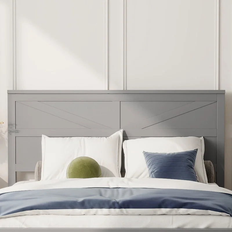 Farmhouse Queen Bed with Barn Door Headboard and Footboard, Pinewood Frame, Grey