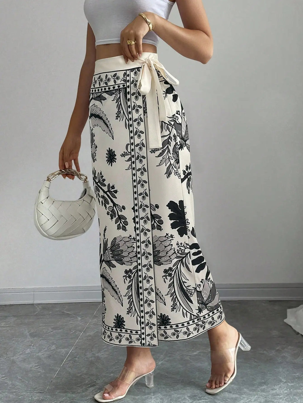 Elenzga Women's Elegant Floral Print Wrap Tie Straight Skirt, Vacation Style