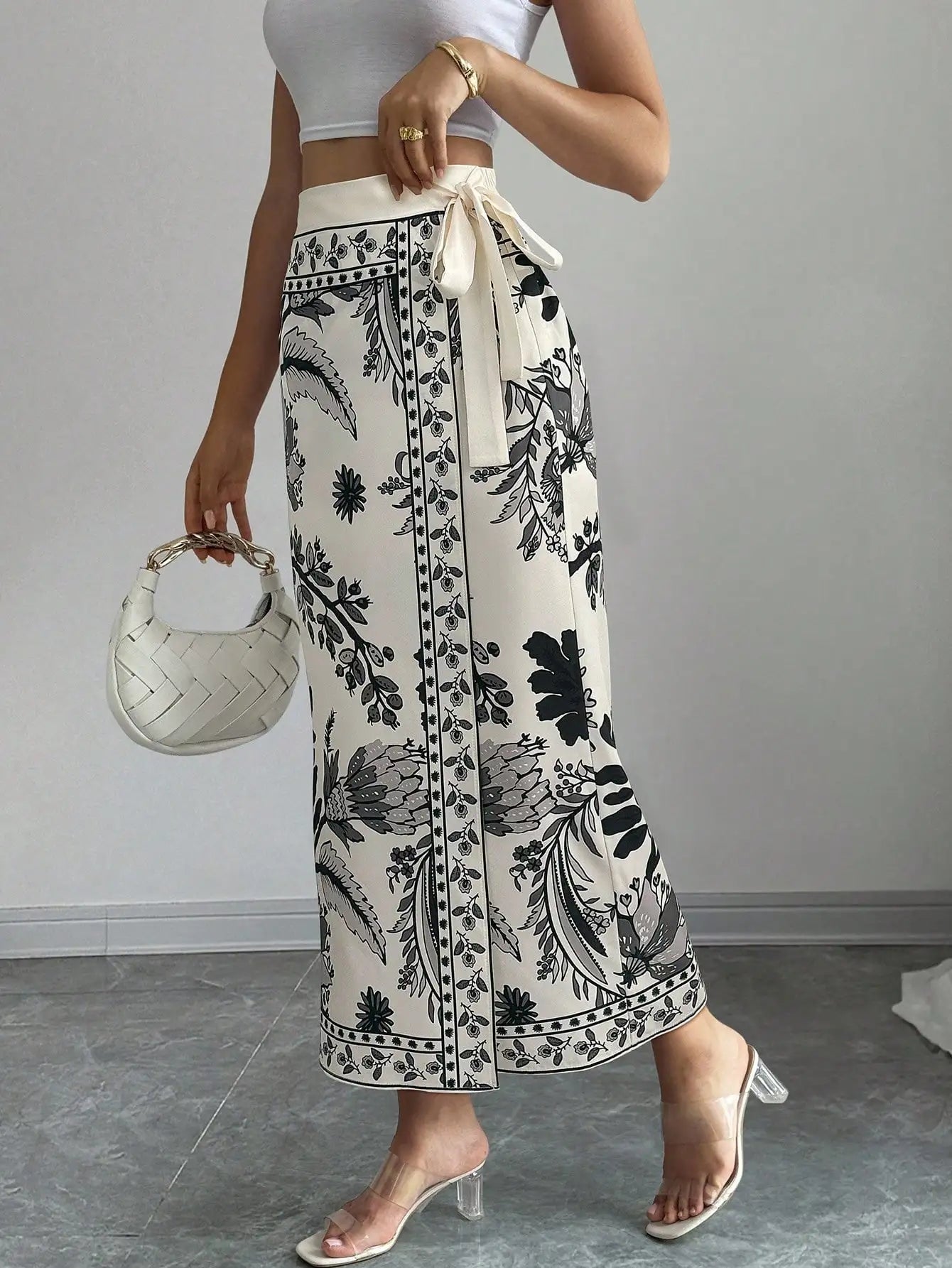 Elenzga Women's Elegant Floral Print Wrap Tie Straight Skirt, Vacation Style