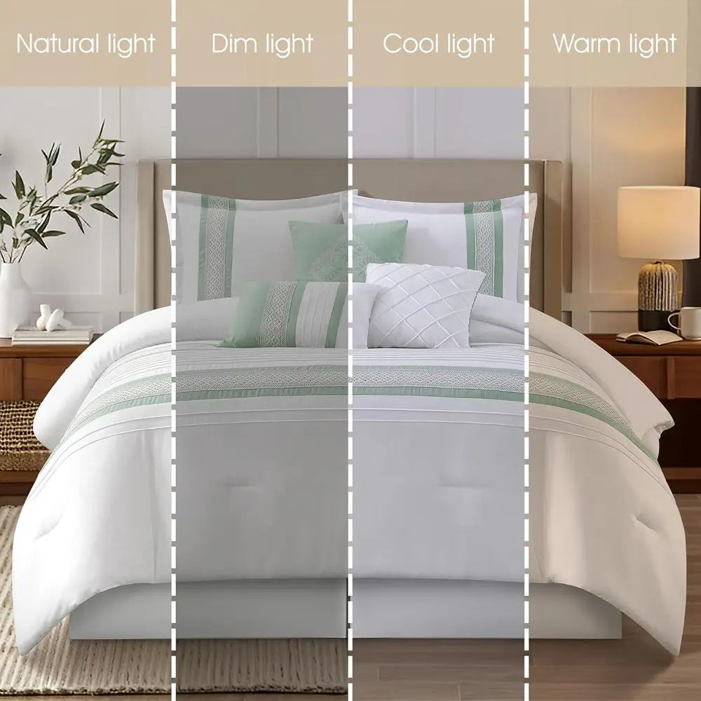 Queen Size Sage Green 7-Piece Comforter Set with Microfiber All-Season Bedding, Bed Skirt, Pillows, and Shams