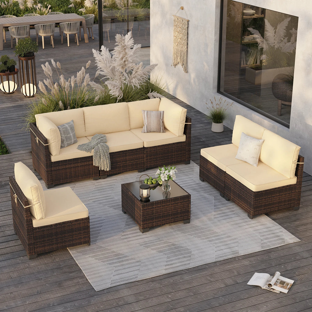 7 Piece Patio Furniture Set, Outdoor Sectional Rattan Conversation Set for Garden, Porch, Backyard