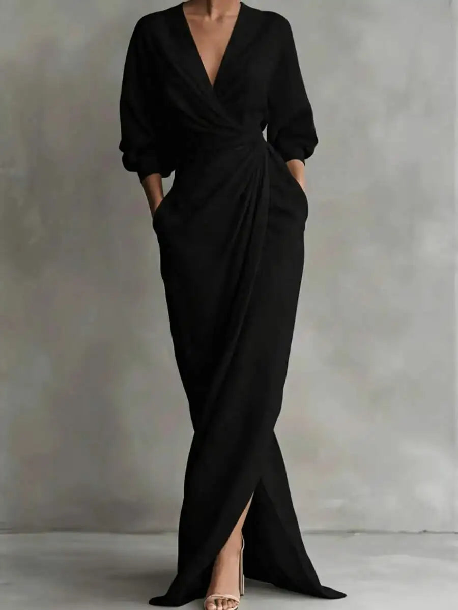 Women V-Neck Solid Cotton Maxi Dress With Draped Detail
