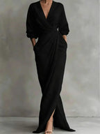 Women V-Neck Solid Cotton Maxi Dress With Draped Detail