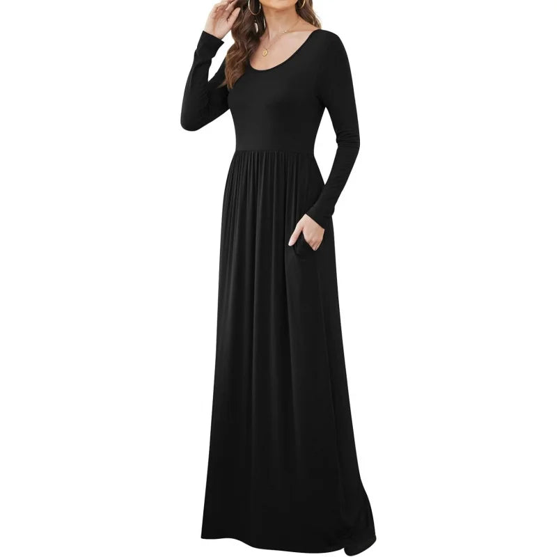 Women Casual Long Sleeve Maxi Dresses Empire Waist Long Dress with Pockets